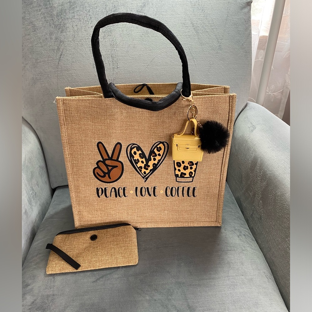 NWOT Peace Love Coffee large “burlap” style tote,wallet,bag charms11 3/4x13x63/4